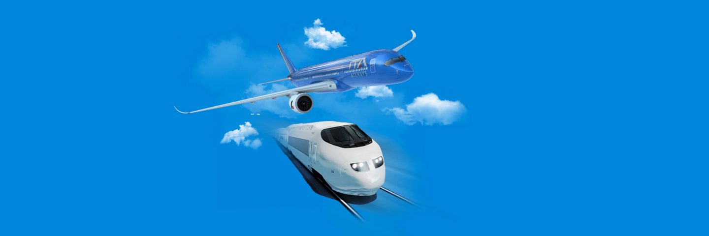 A blue ITA Airways airplane and a white train flying together in a clear sky.
