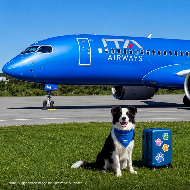 Dog sitting beside a carry-on with an ITA Airways aircraft in the background