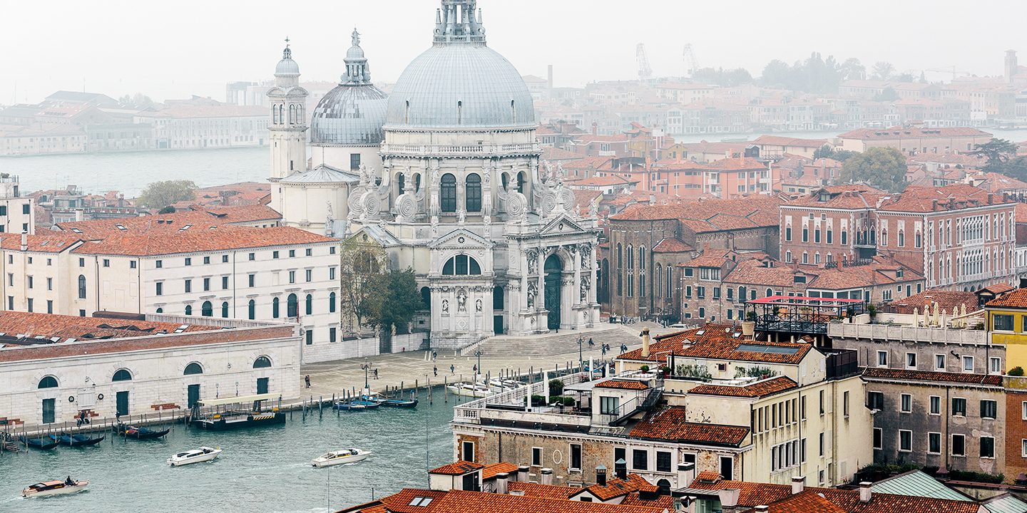 Aerial view of Venice with the Basilica Santa Maria della Salute and the Grand Canal.
