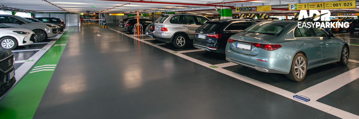 A covered airport parking area with parked cars; the easyParking logo is visible in the top right.