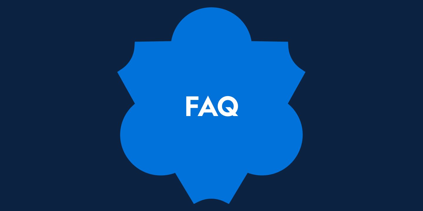 "Frequently Asked Questions" text in a blue shape on a dark background