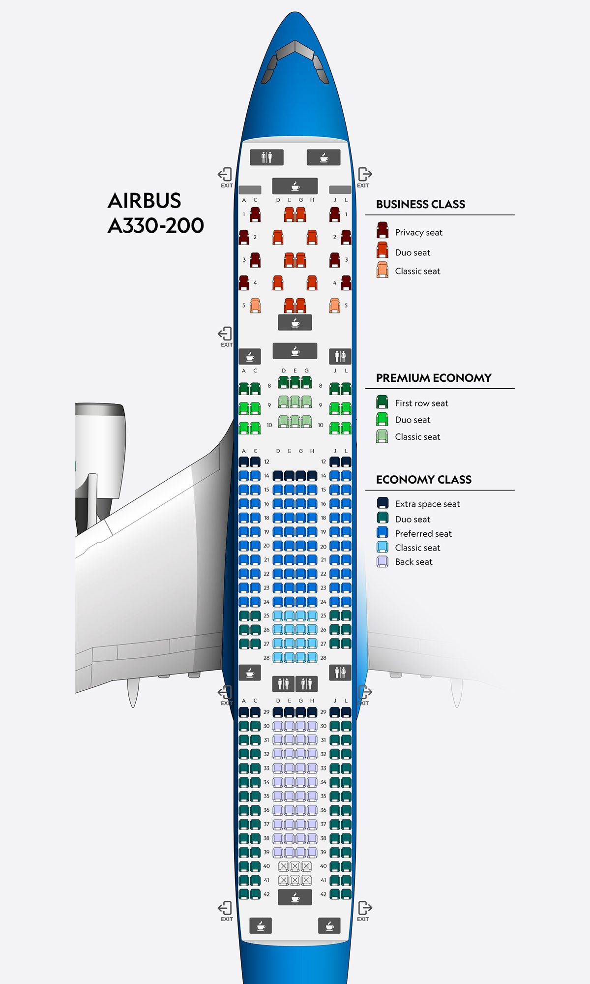 Mapa de asientos del Airbus A330-200 dividido en tres clases.