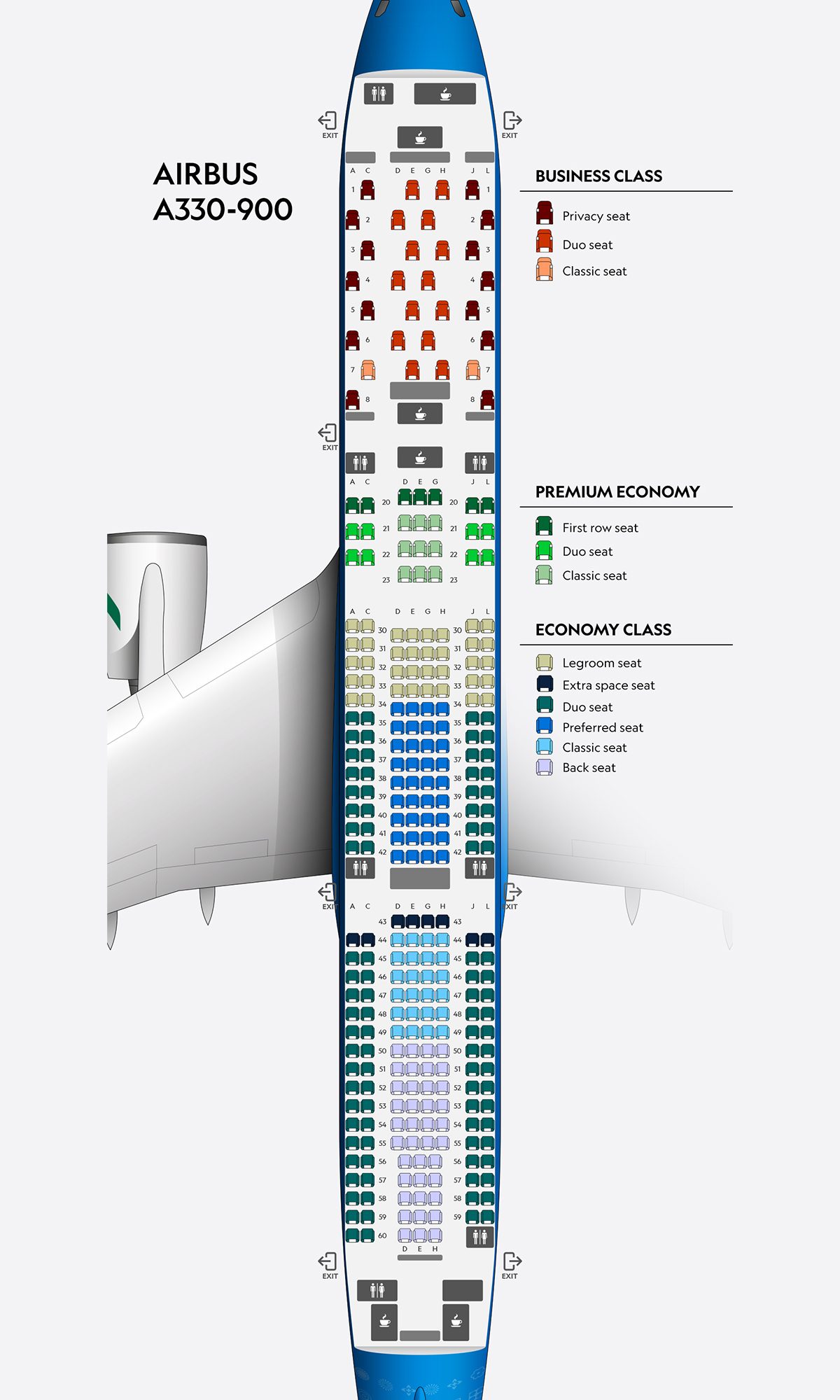 Mapa de asientos del Airbus A330-900 dividido en tres clases.