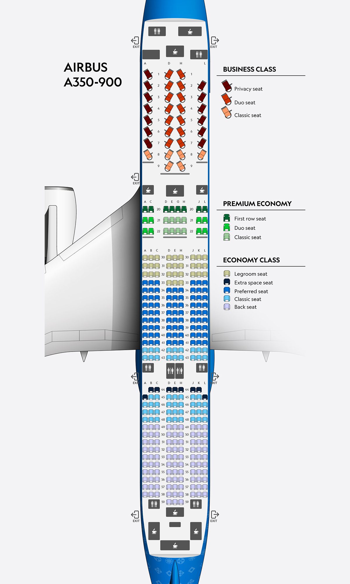 Mapa de asientos del Airbus A350-900 dividido en tres clases.