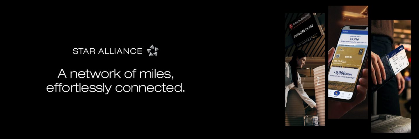 Μια εικόνα της Star Alliance που εμφανίζει το κείμενο «Check-in για απογείωση». Η εμπειρία σας στο αεροδρόμιο, με εύκολες ανταποκρίσεις.» μαζί με φωτογραφίες από σκηνές σε αεροδρόμια, όπως πινακίδες business class και ετικέτα προτεραιότητας αποσκευών.