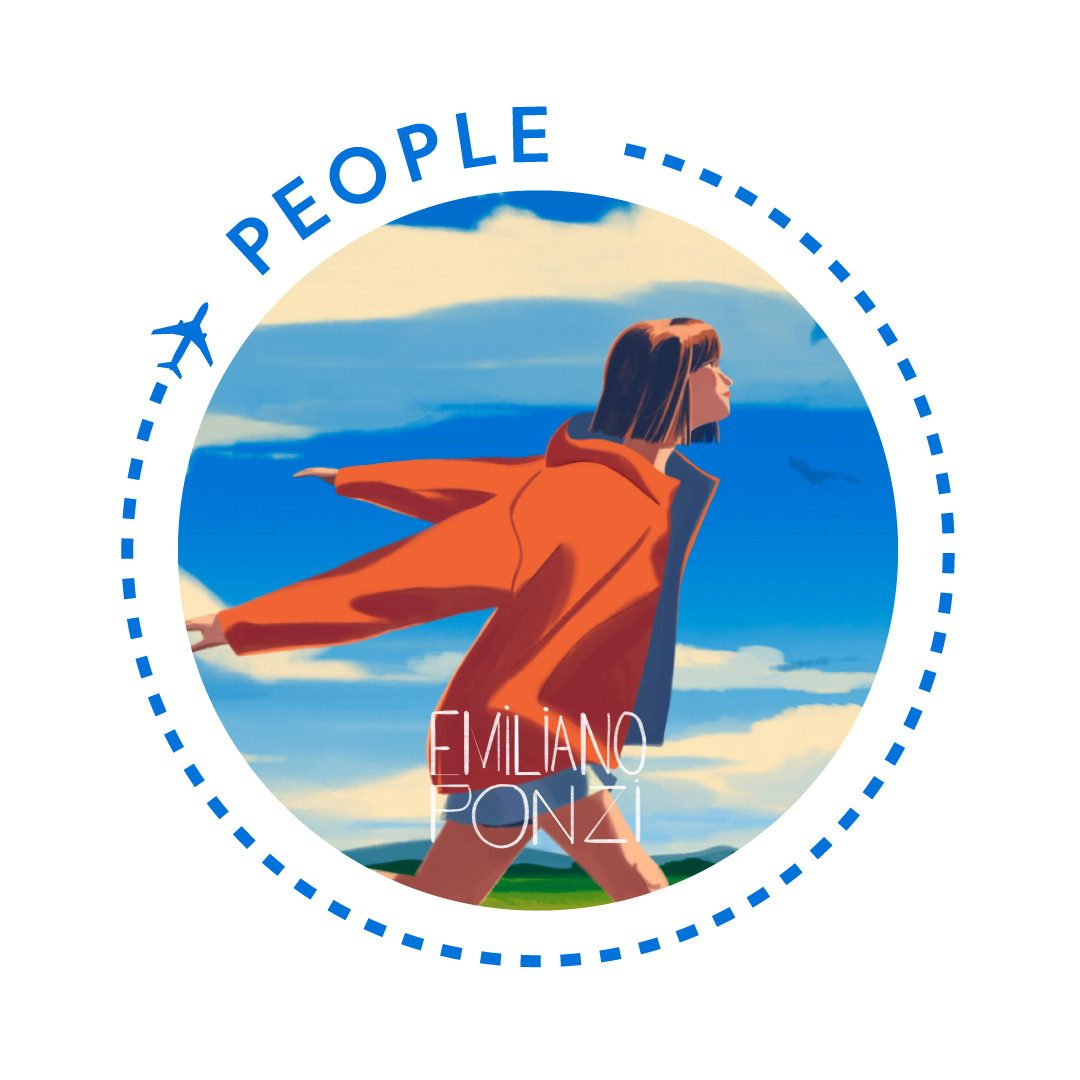 Cirkelvormige illustratie van een persoon tegen een achtergrond met een blauwe lucht, het woord “People” en de naam Emiliano Ponzi.