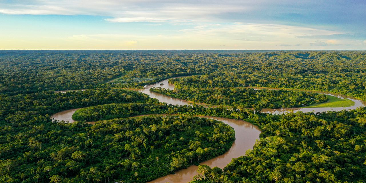 Luchtfoto van de Amazone-rivier die door de weelderige vegetatie van het Amazone-regenwoud kronkelt in Brazilië