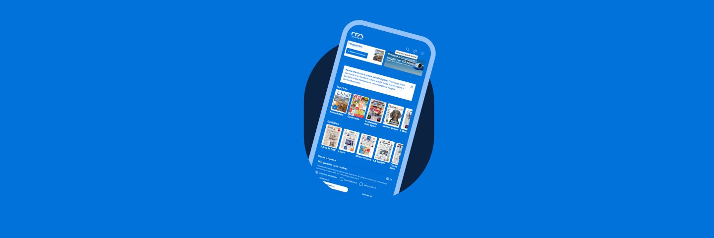 Smartphone displaying the ITA Airways app on a blue background.