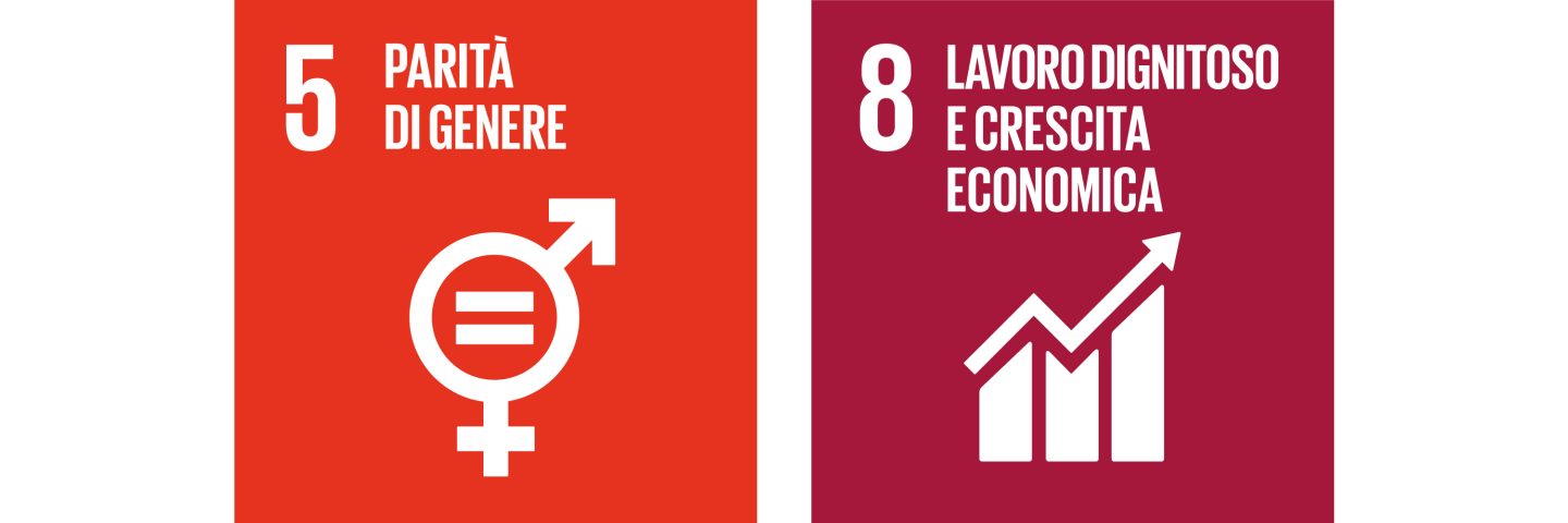 Numeri 5 e 8, con icone per la Parità di genere e il Lavoro dignitoso e la crescita economica.