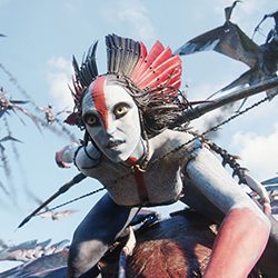 Guerreiro Na’vi pálido com cocar vermelho e preto montado em uma criatura.