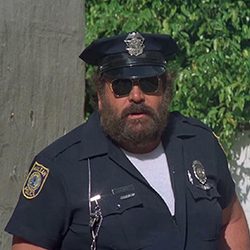 Um policial barbudo com óculos de sol e um boné de uniforme.