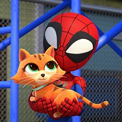 Personagem em estilo de animação do Homem-Aranha ao lado de um pequeno gato laranja.