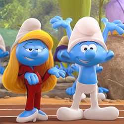 Smurfette de agasalho ao lado de um Smurf torcendo em uma pista.