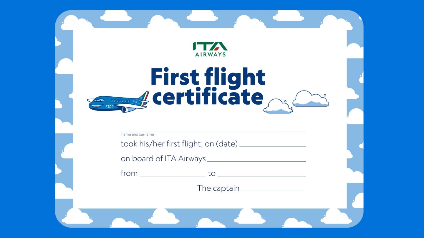 ITA Airways First Flight certificate with clouds.