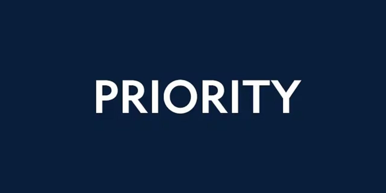 The word 'PRIORITY' written in white on a dark blue background.