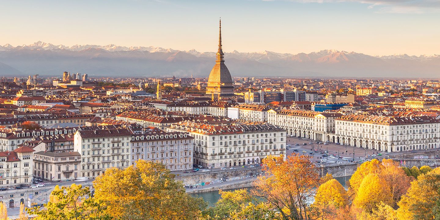 Panoramic view of Turin with the Mole Antonelliana, the Po River and the Alps in the background